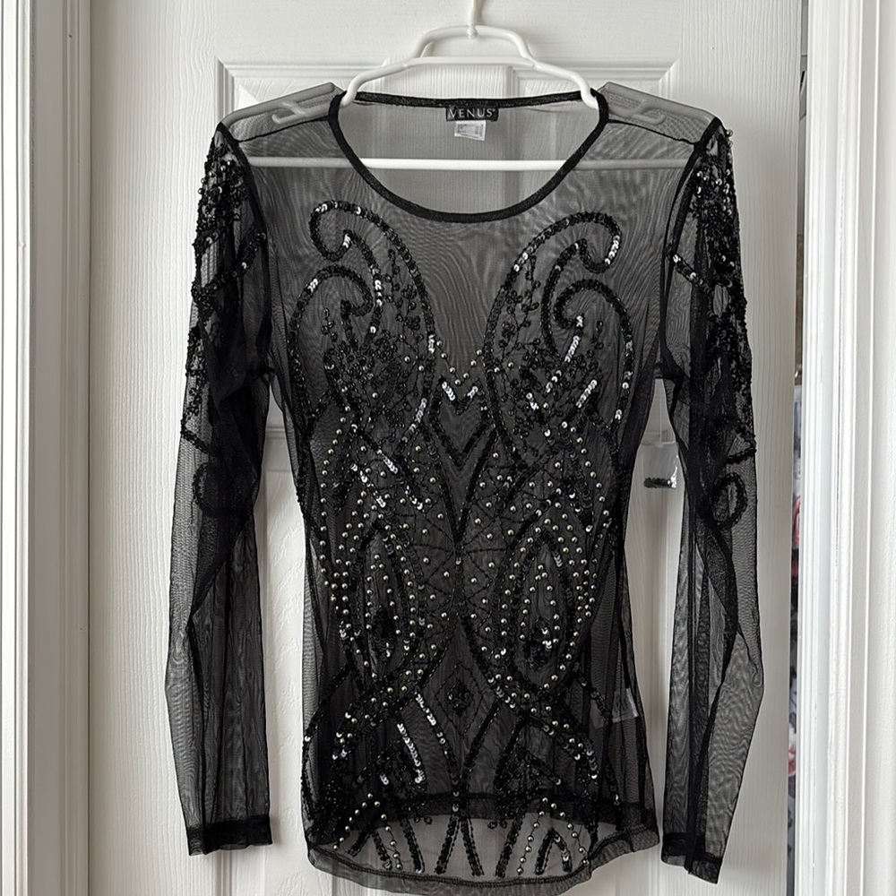 Elegant Black Beaded Sheer Top